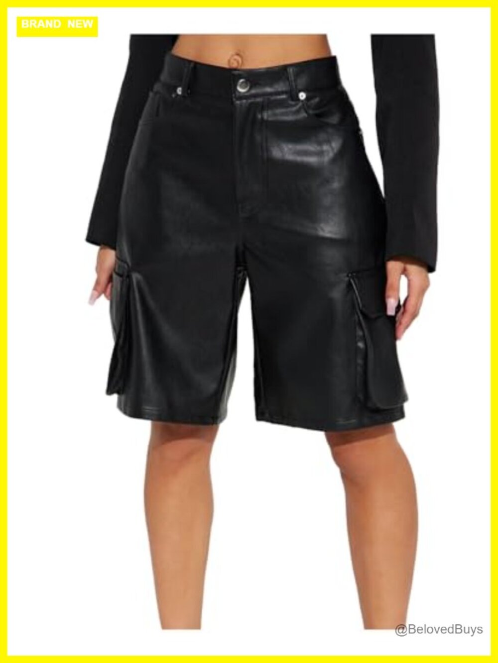 Faux Leather Cargo Shorts for Women High Waisted Wide Leg Bermuda Shorts with